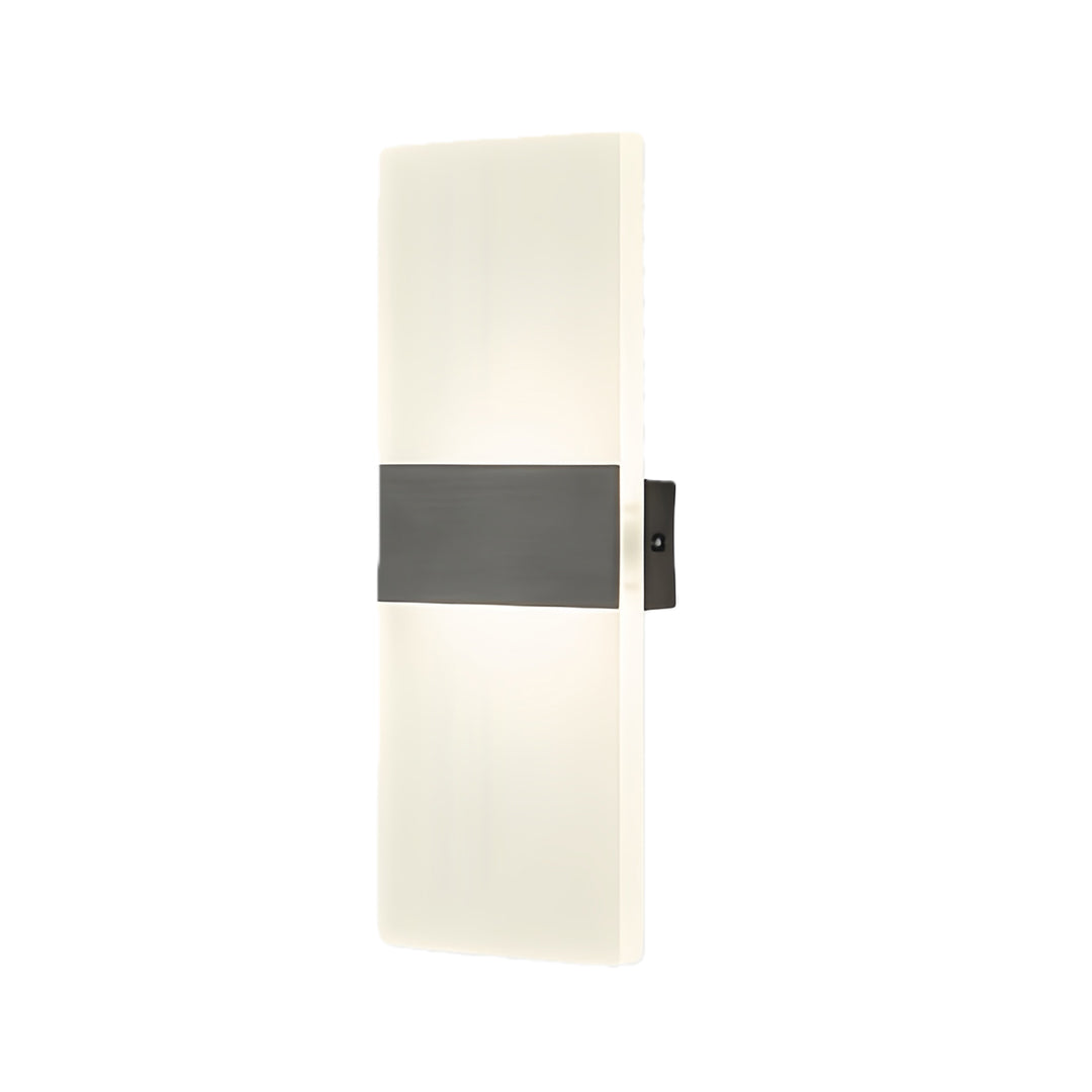 Contemporary brass wall lights with horizontal gray metal bar and dual frosted glass panels configuration