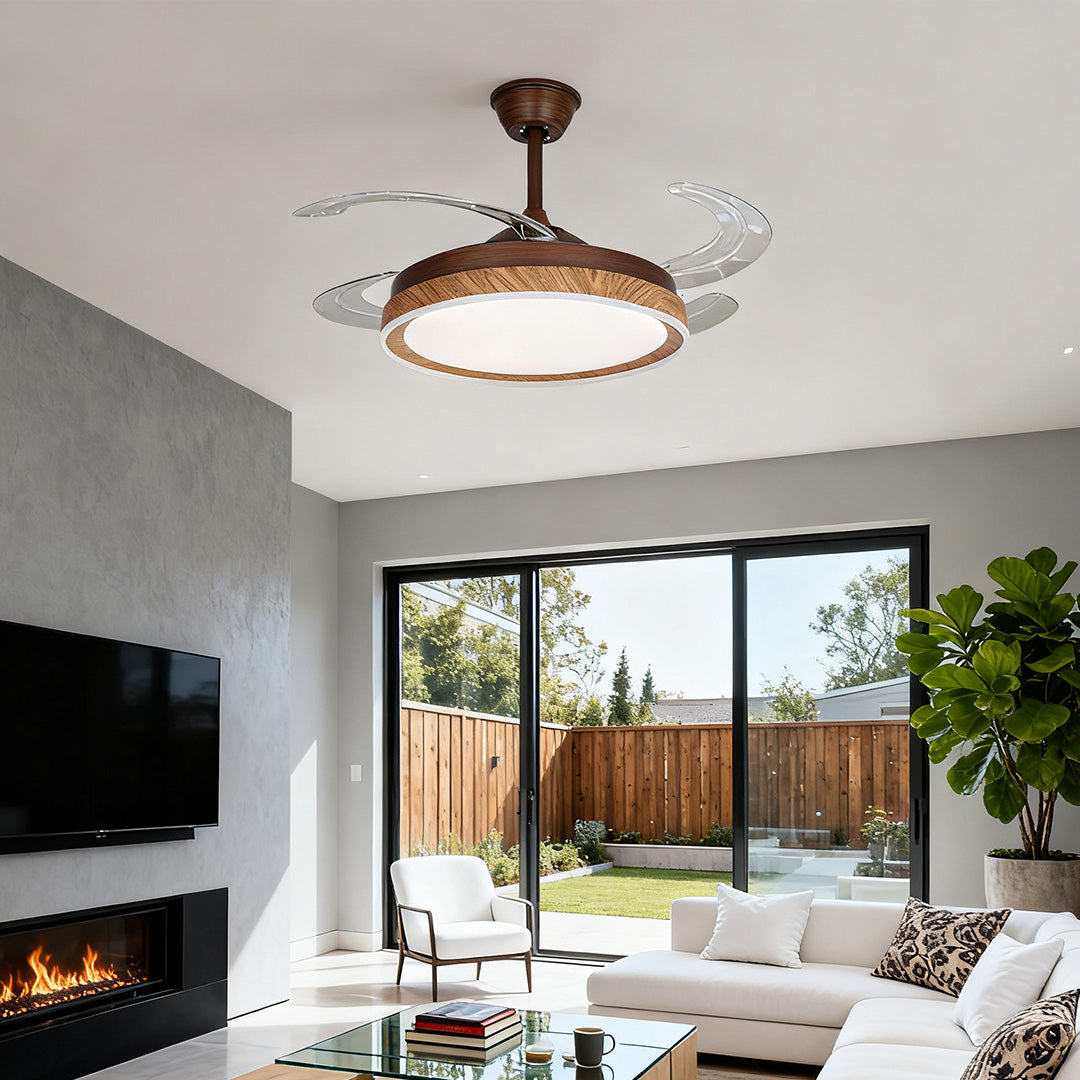Contemporary brown ceiling fan with 4 lights installed in a large modern space with sliding doors 