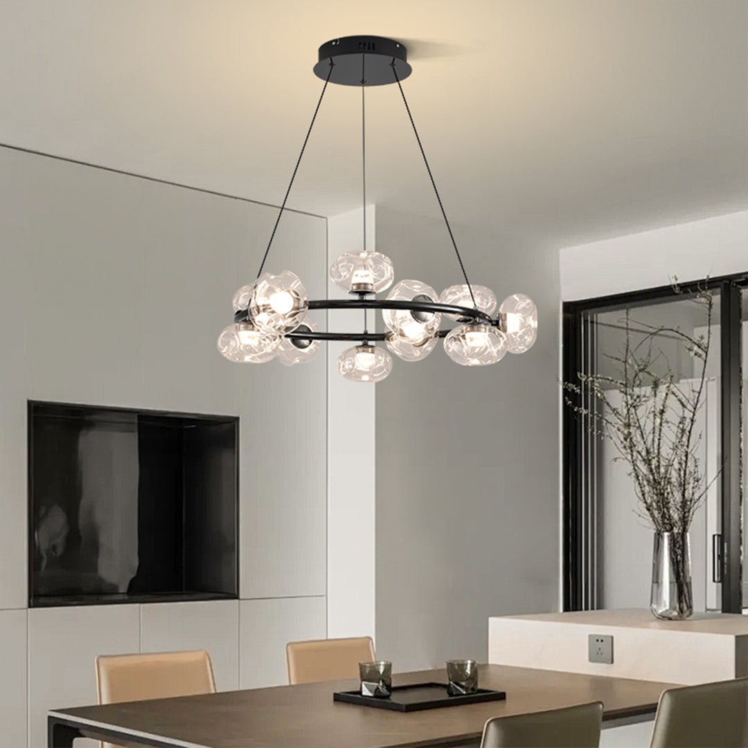 Contemporary bubbles chandelier installation in modern living space with minimalist design aesthetic