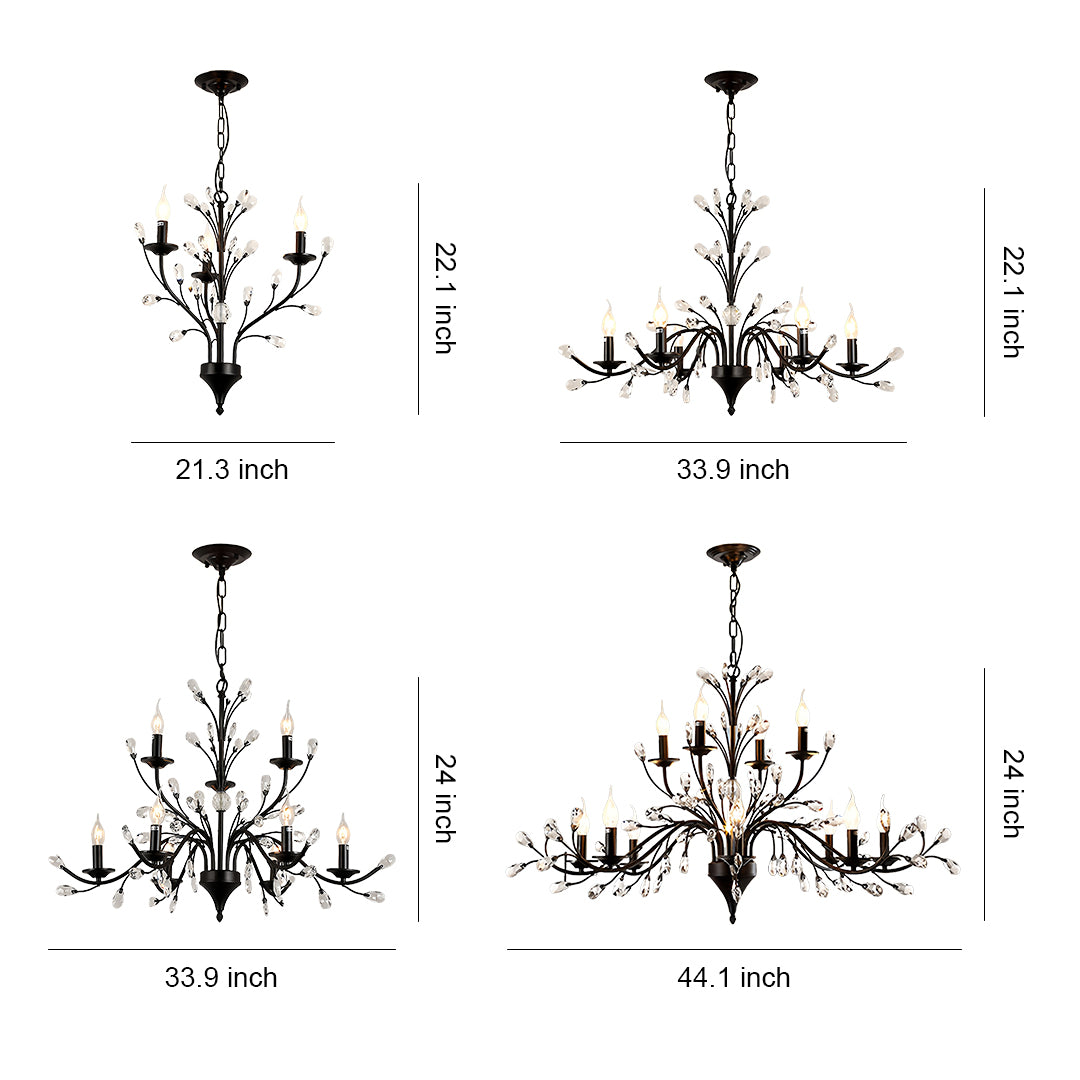 Contemporary candle chandelier with black metal branches and crystal accents for modern elegant lighting