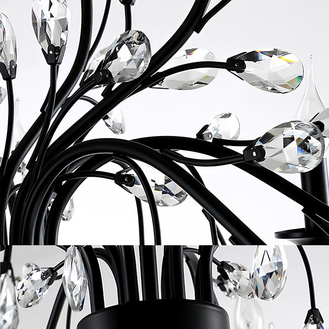 Contemporary candle chandelier illuminating elegant dining room with neutral decor and classic interior styling