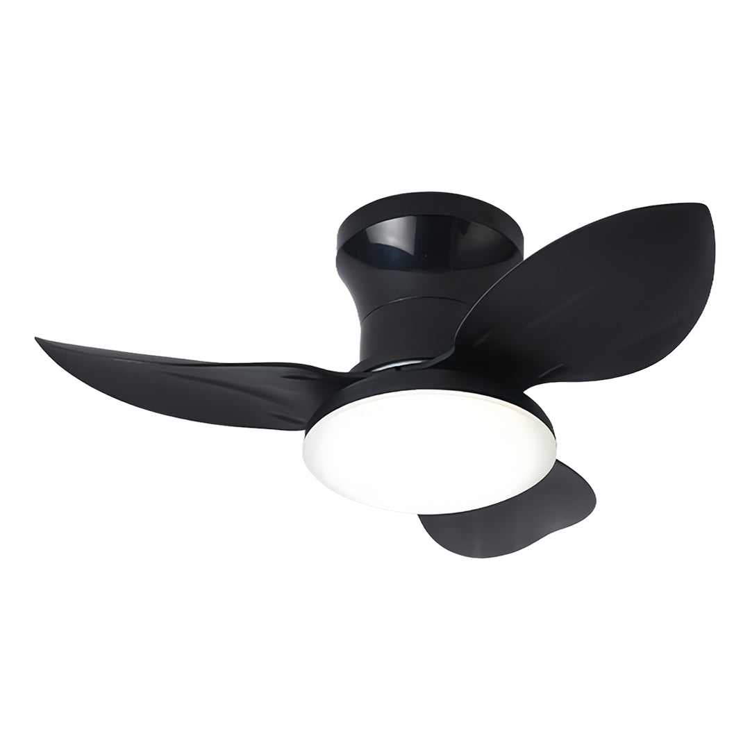 Contemporary ceiling fan with dimmer light in black finish with modern blade design and bright LED illumination