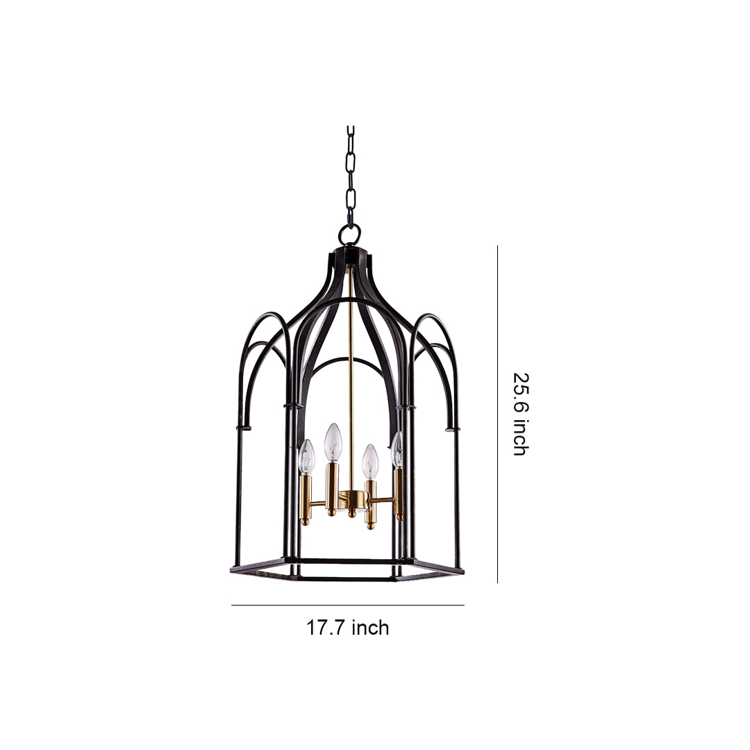 Classic black metal lantern chandelier with candle-style bulbs for rustic interiors