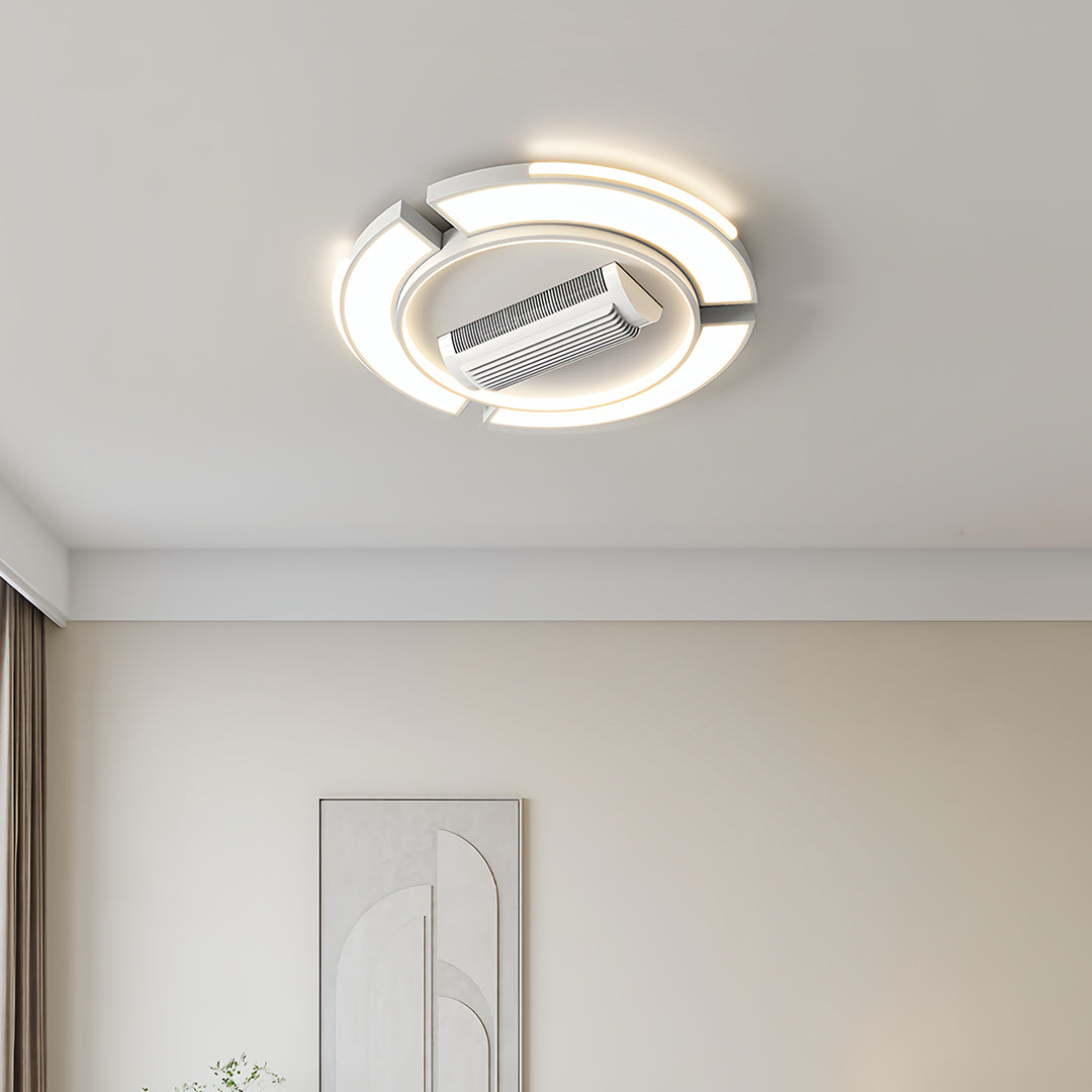 Bladeless ceiling fan with square frame and integrated LED light in a modern interior
