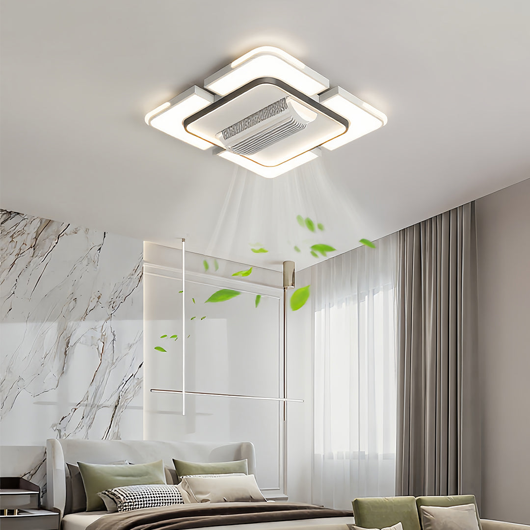 Bladeless ceiling fan with square frame and integrated LED light in a modern interior