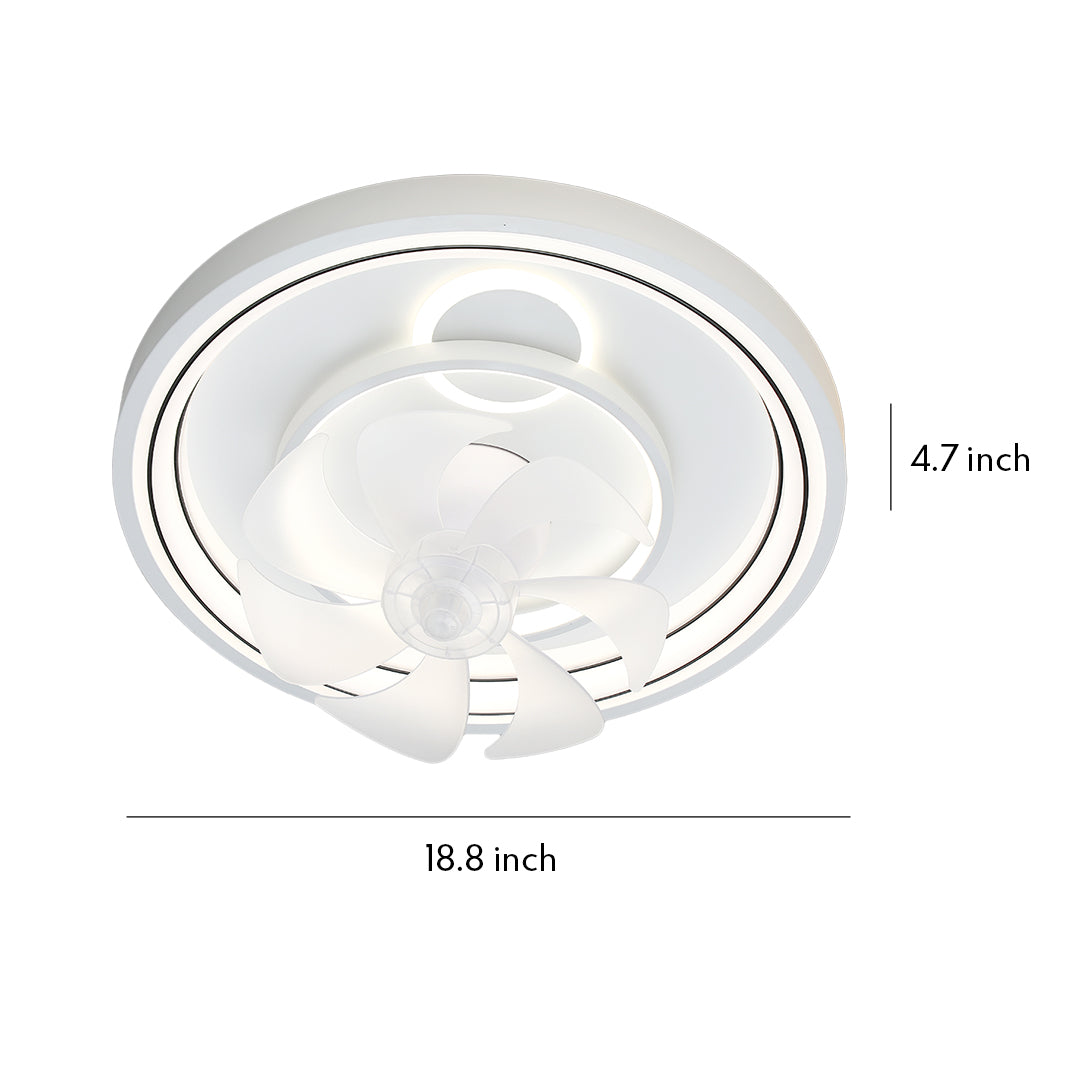 Contemporary ceiling fan with light showing flush mount design with retractable transparent blades and dimension measurements