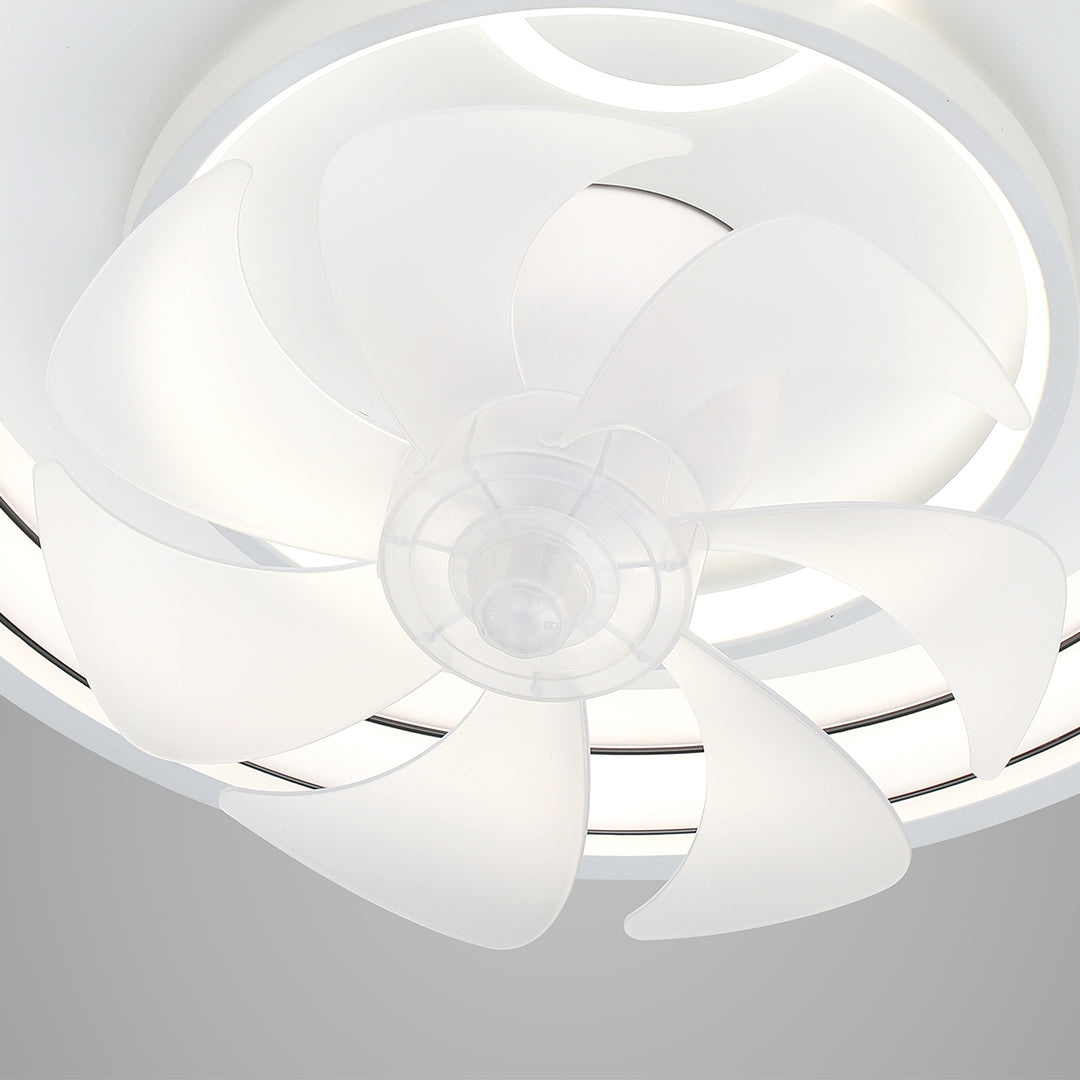 Contemporary ceiling fan with light featuring integrated LED and retractable blade mechanism in white