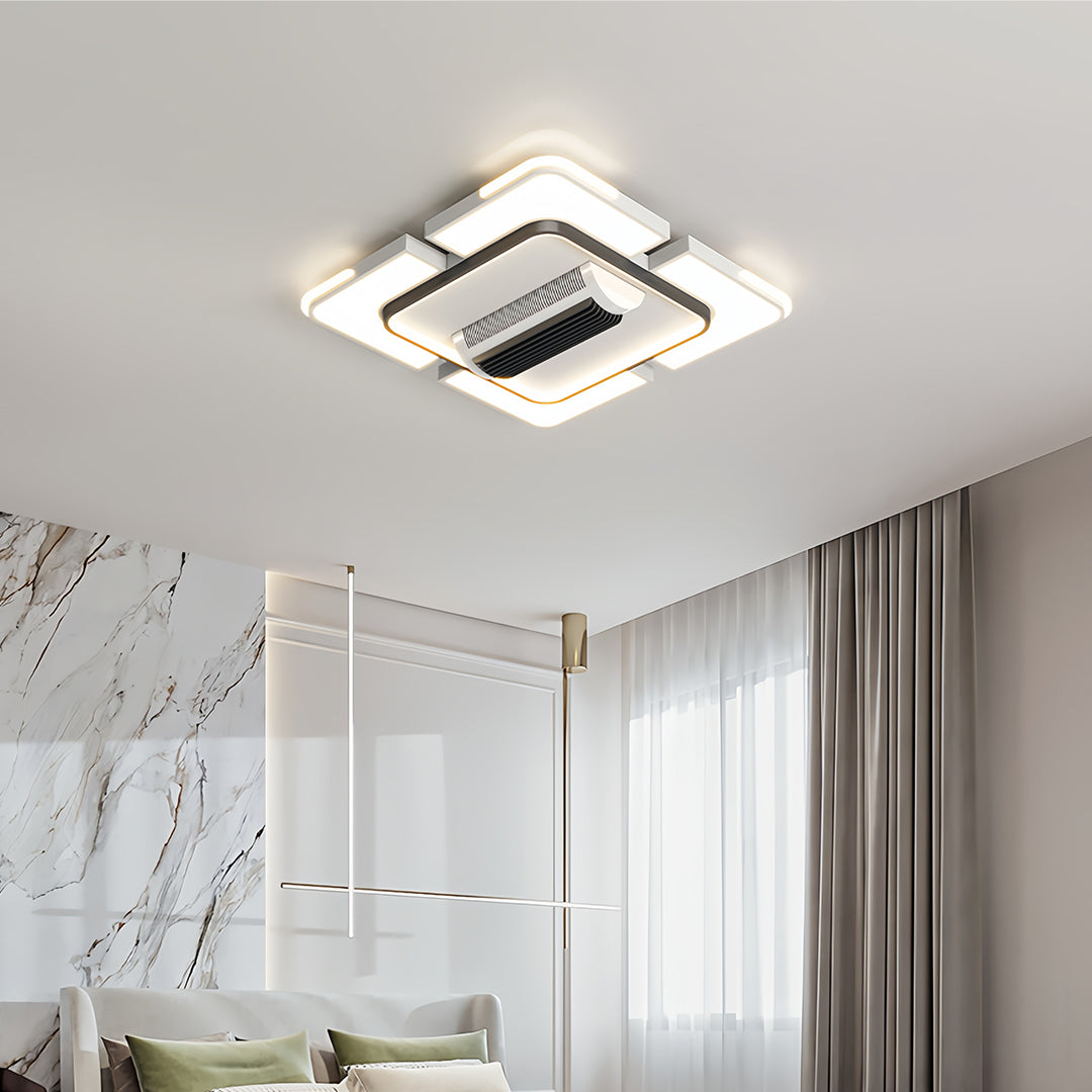 Bladeless ceiling fan with square frame and integrated LED light in a modern interior