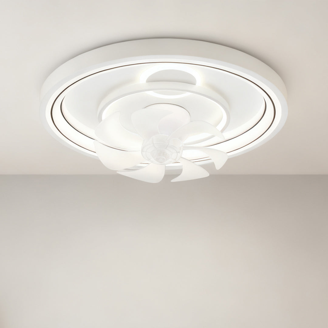Contemporary ceiling fan with light displayed against clean white background showing circular design