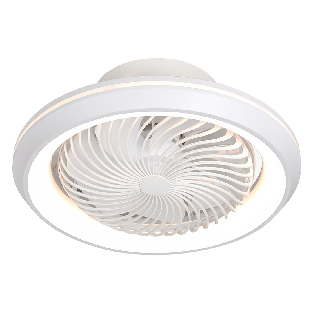 Contemporary ceiling fan with lights displaying white finish and circular LED panel for minimalist room lighting