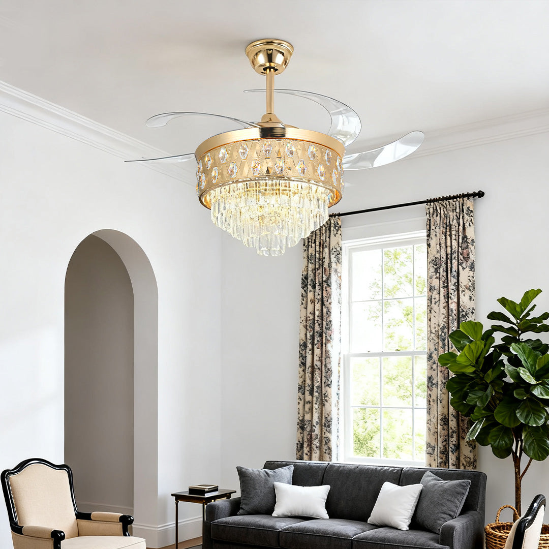 Contemporary ceiling fans with crystal lights enhancing a bright white living room with high archway 
