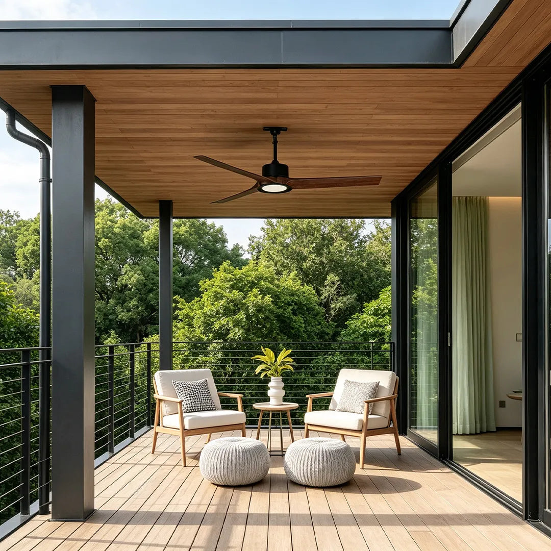 Contemporary ceiling fans with LED lights cooling a covered deck with wood ceilings and lounge chairs.