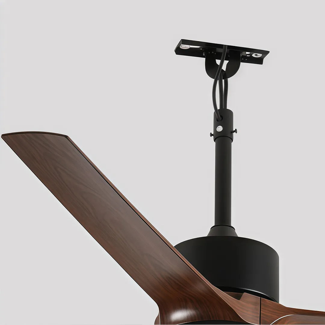Mounting and downrod detail of contemporary ceiling fans with LED lights and curved wood blades.