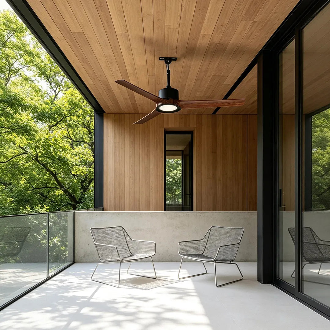 Contemporary ceiling fans with LED lights installed on a modern wood-paneled balcony.