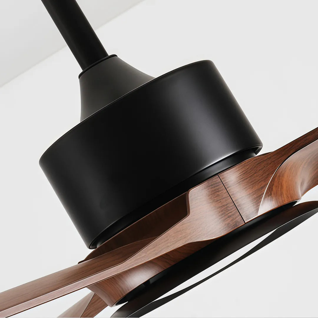 Close-up of the black motor housing and wood blades on contemporary ceiling fans with LED lights.