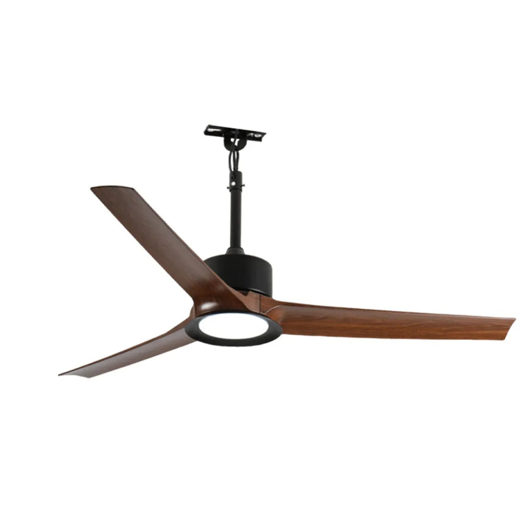 Contemporary ceiling fans with LED lights featuring three wood blades and a black motor housing.