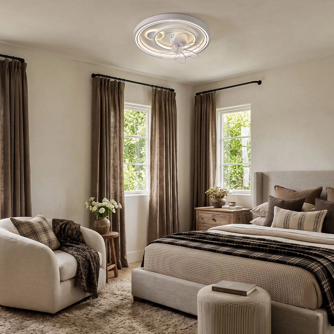 Contemporary ceiling fans with light mounted in a modern bedroom with dark drapery and neutral bedding.