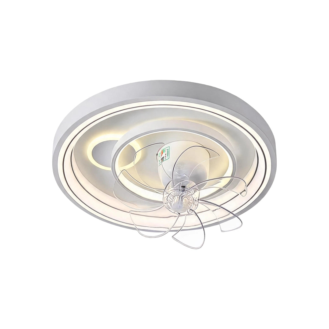 Contemporary ceiling fans with light in a white product view featuring a round flush mount design and transparent blades.