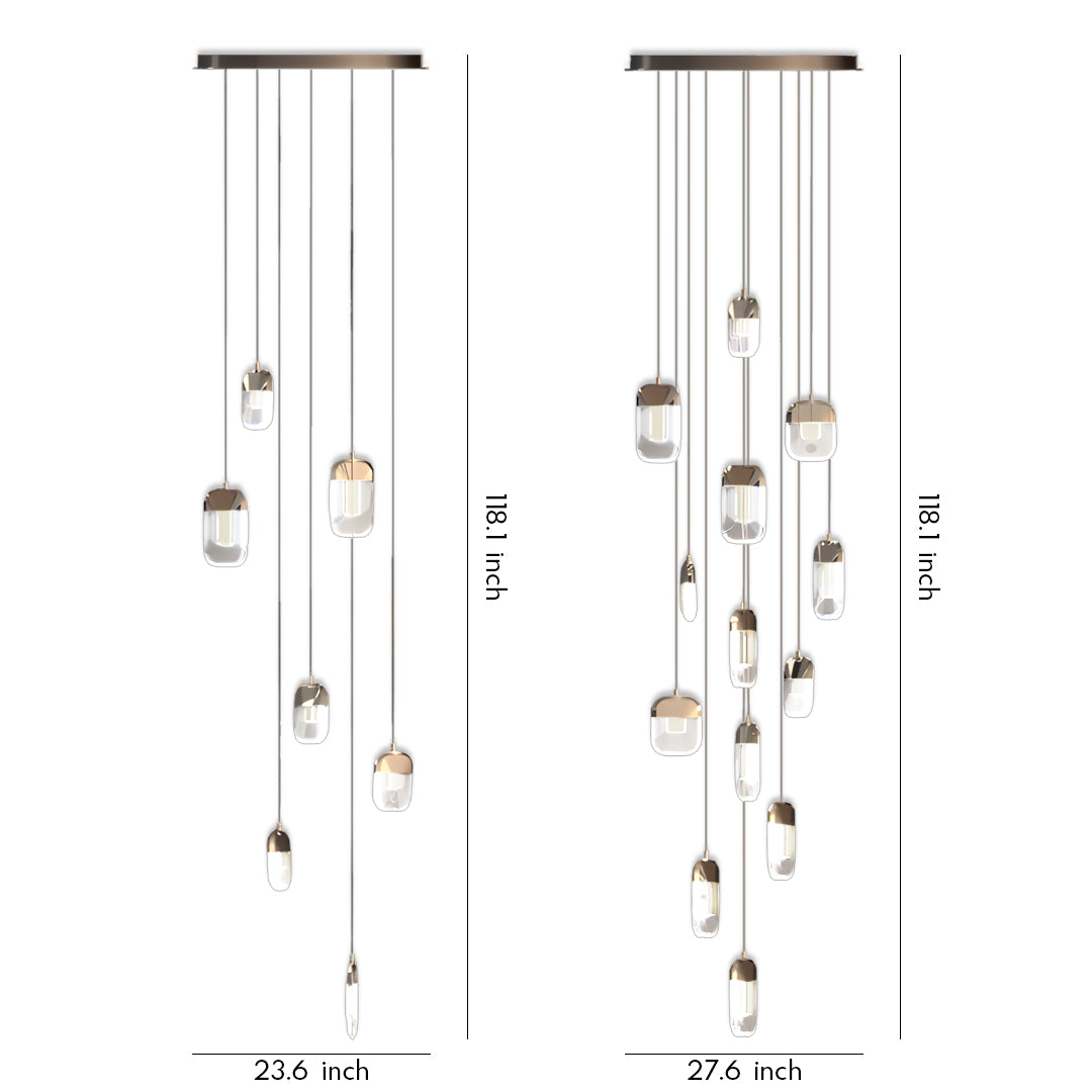 Contemporary chandelier for staircase displaying linear cluster of spherical glass pendants in gradient neutral colors