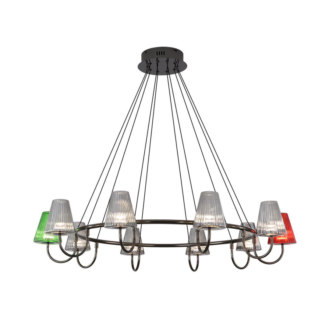 Contemporary chandelier light fixture featuring multiple ribbed glass shades in varied colors on curved arms
