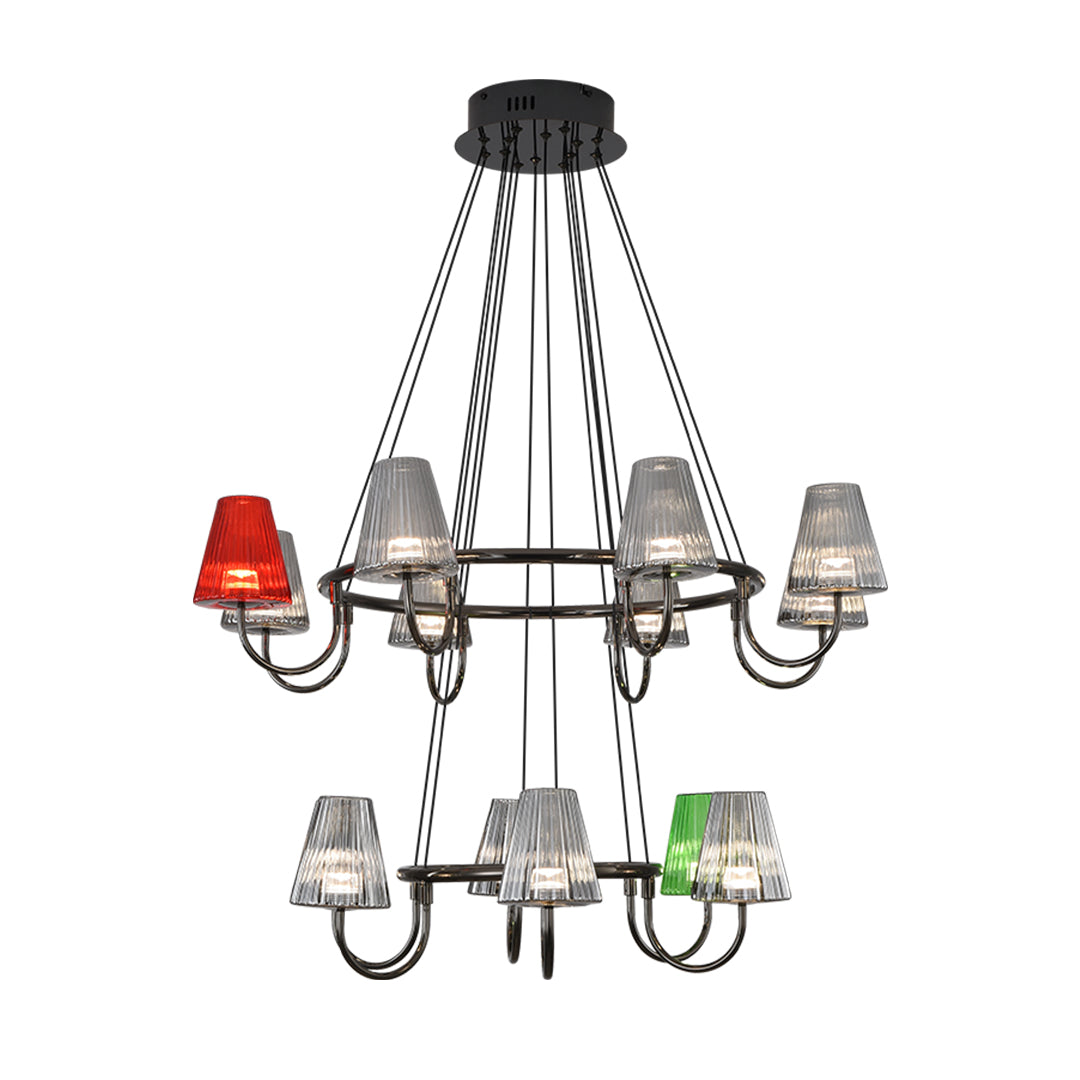 Contemporary chandelier light fixture featuring multiple ribbed glass shades in varied colors on curved arms