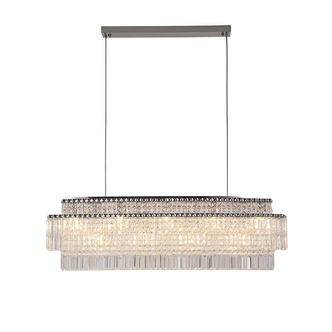 Contemporary chandelier with round crystals showcasing rectangular form with linear crystal curtain arrangement.