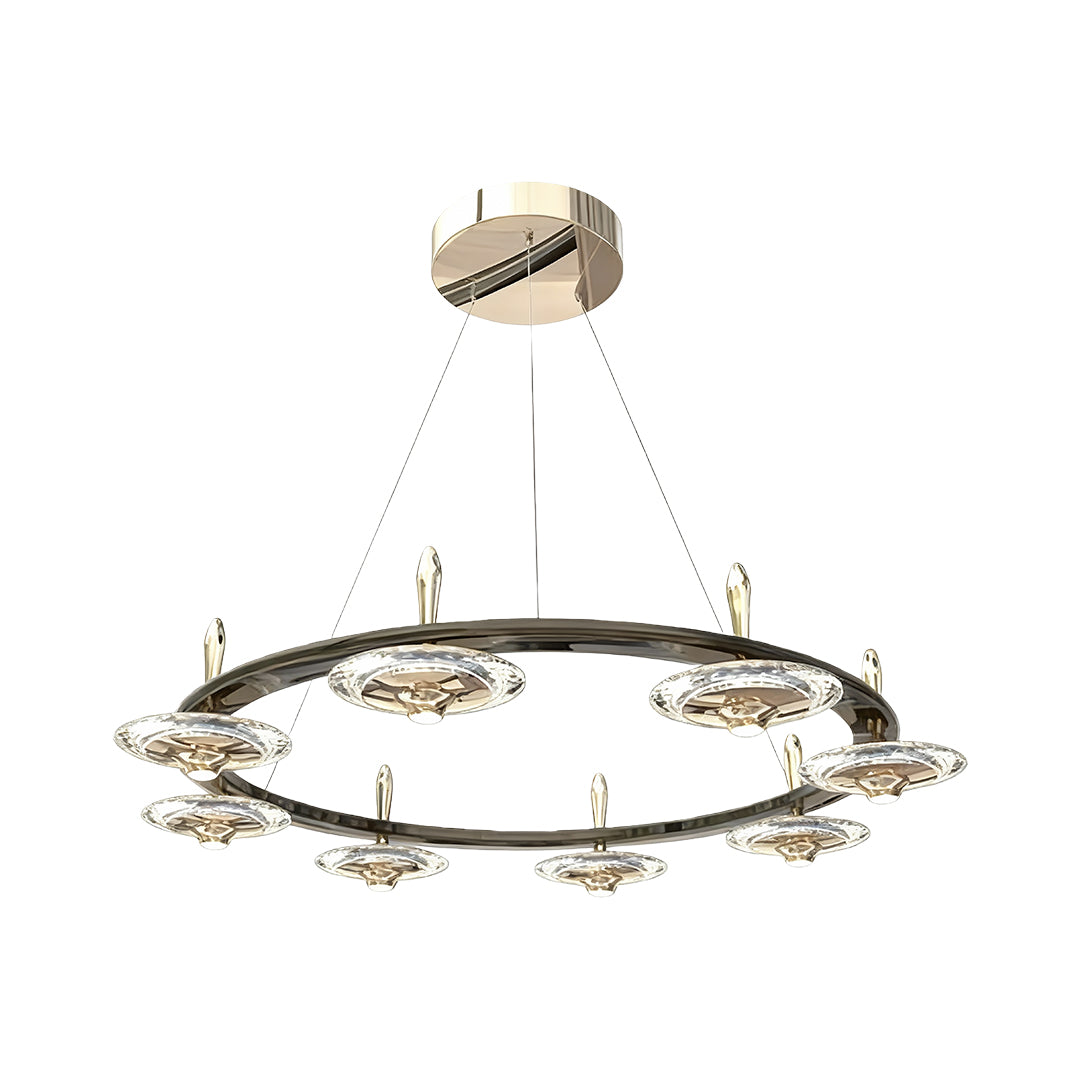 Contemporary chandelier with round crystals displaying single circular frame with evenly spaced crystal glass elements