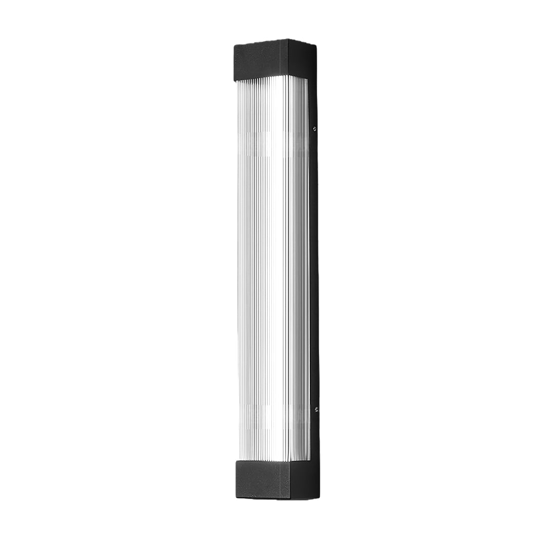 Contemporary linear outdoor sconce in a chrome finish, highlighting its sleek profile and black housing.