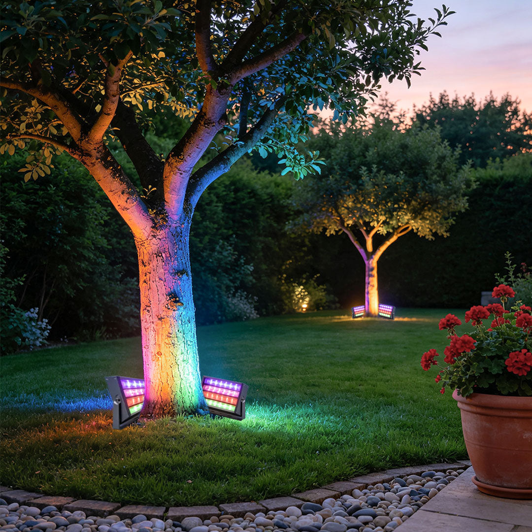 Modern RGB LED colored flood light for outdoor landscape features
