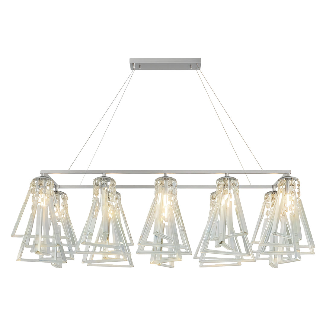 Contemporary contemporary crystal chandelier with glass shade chandelier styling in chrome featuring horizontal linear crystal arrangement.