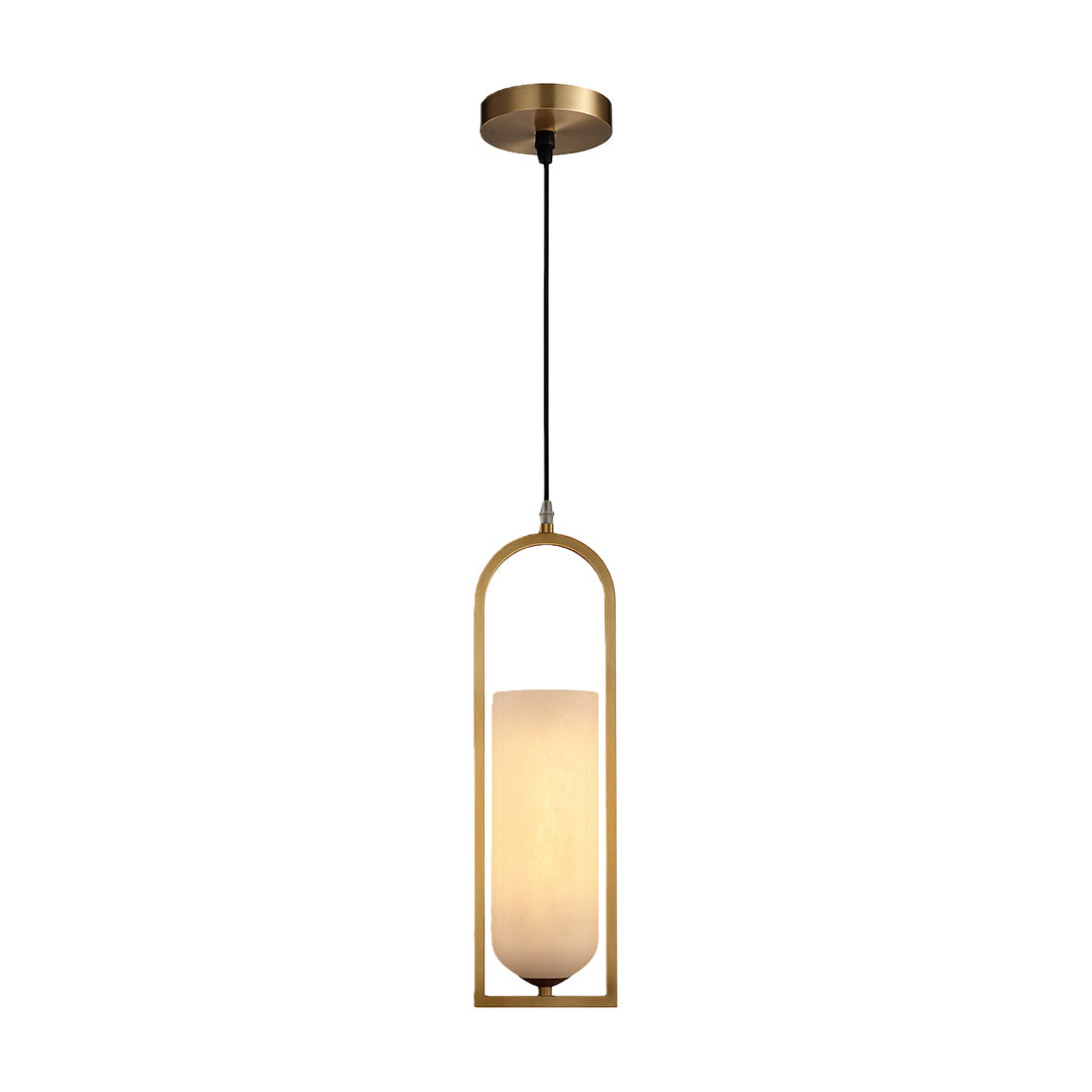 Contemporary copper hanging pendant lights featuring arched brass frame with frosted glass cylinder shade