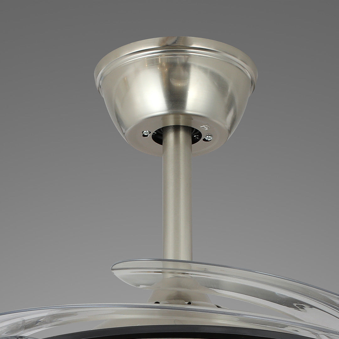 Contemporary crystal ceiling fan with light showing the polished nickel mounting hardware 