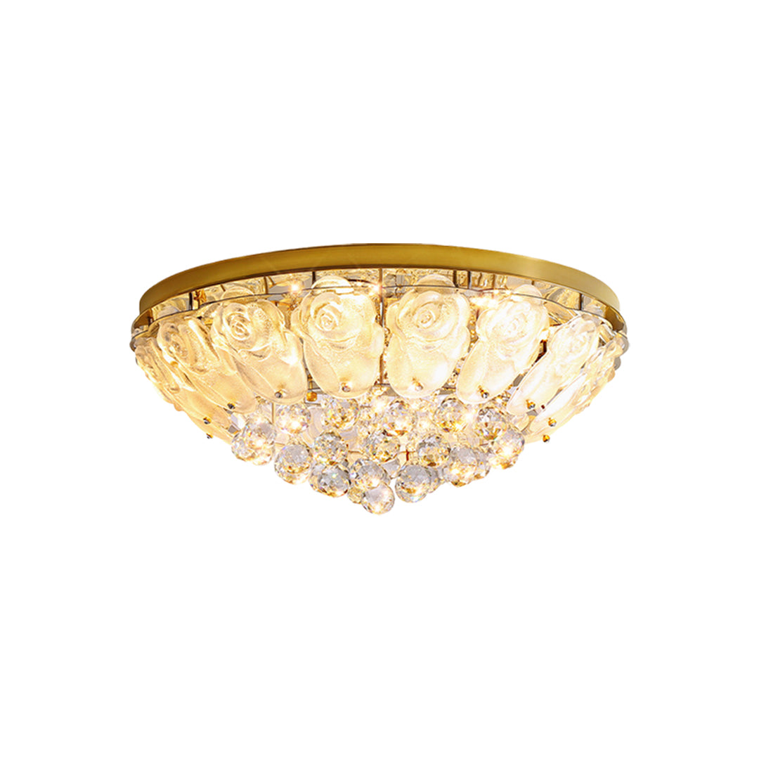 Contemporary crystal ceiling lights flush mount displaying circular form with dense crystal arrangement in brass tone