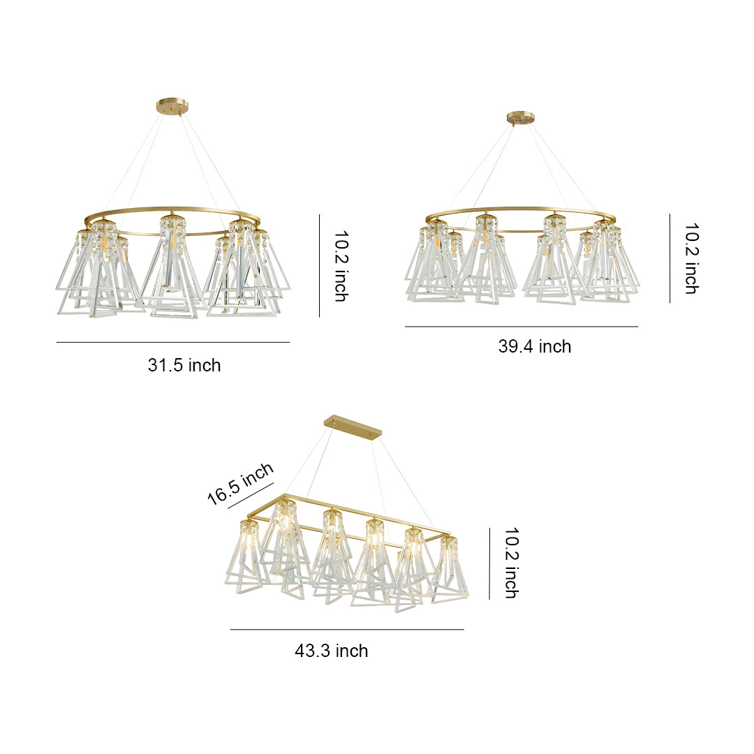 Contemporary crystal chandelier with glass shade chandelier design showing multiple configuration options including round and linear arrangements.