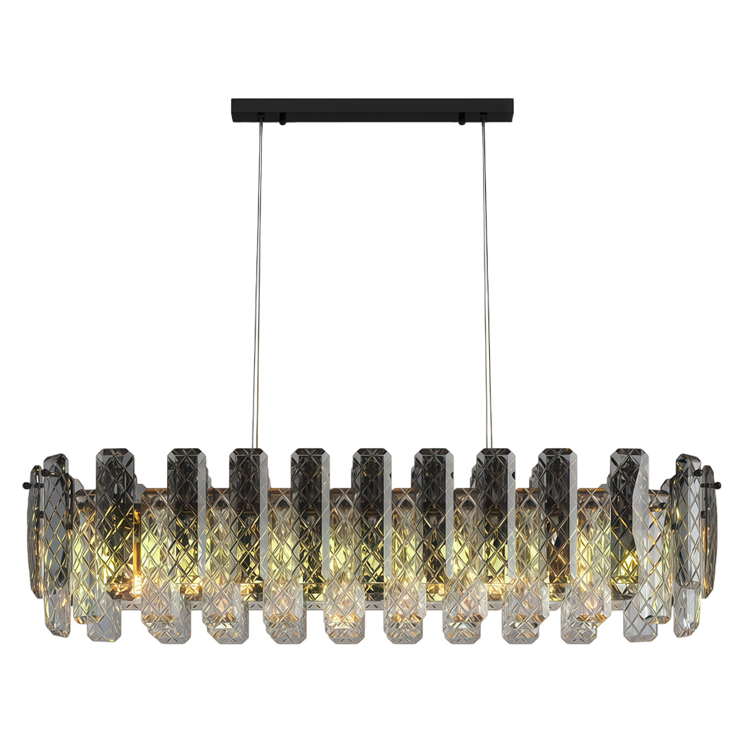 Contemporary crystal chandeliers close up showcasing intricate glass and gold metalwork detail.