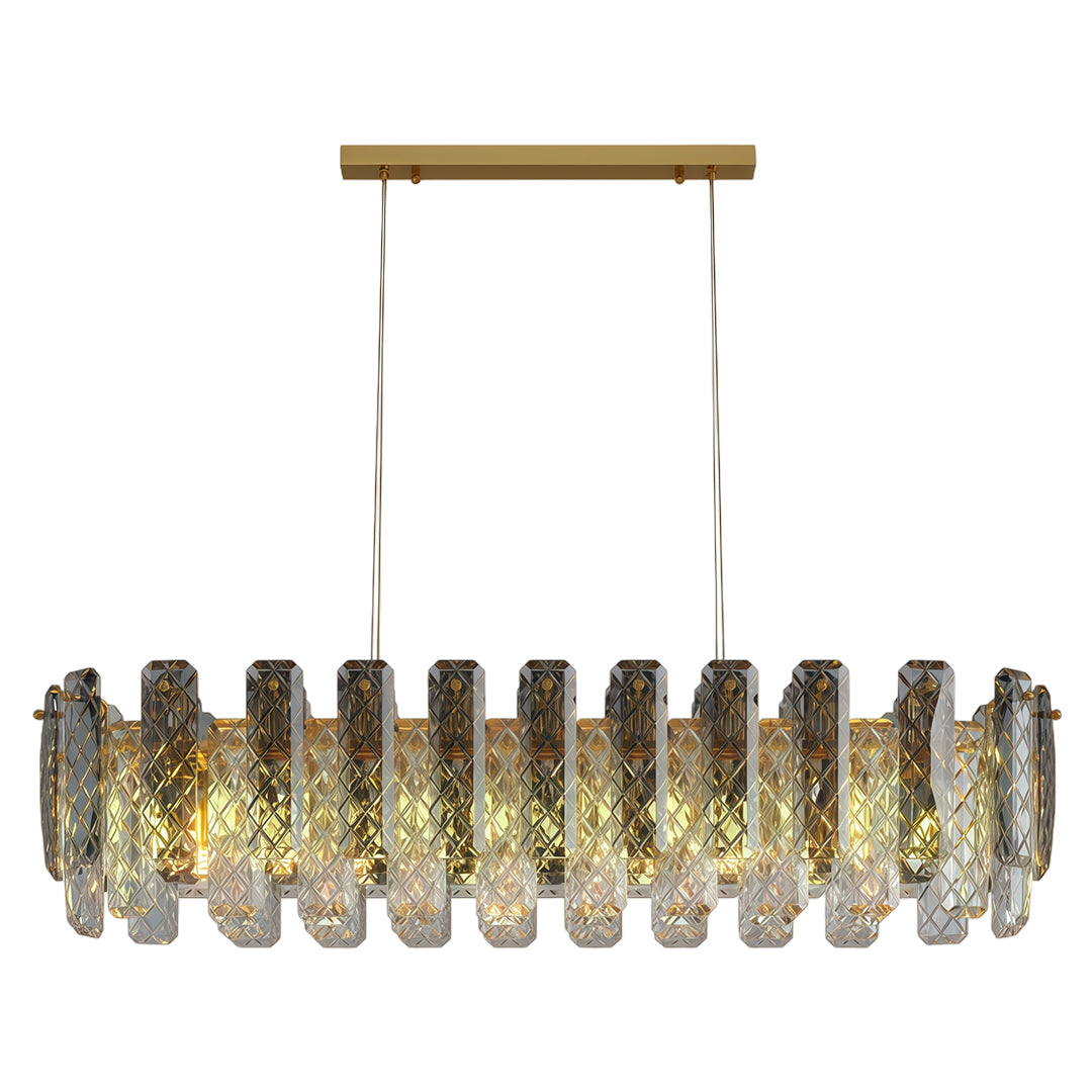 Contemporary crystal chandeliers lighting elegant dining space with marble walls and neutral seating.