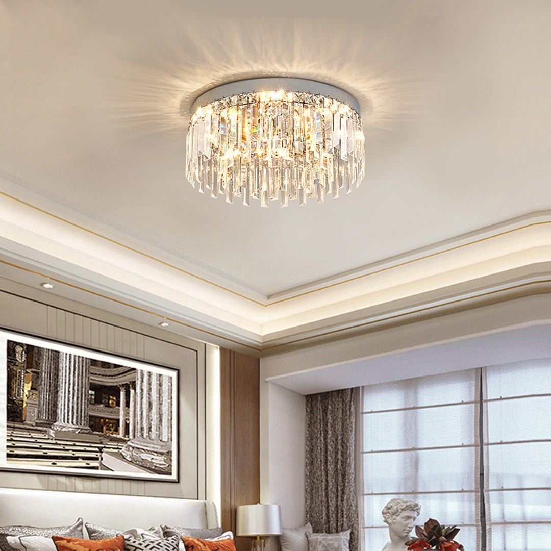 Crystal flush mount ceiling light illuminating elegant living room with traditional furniture