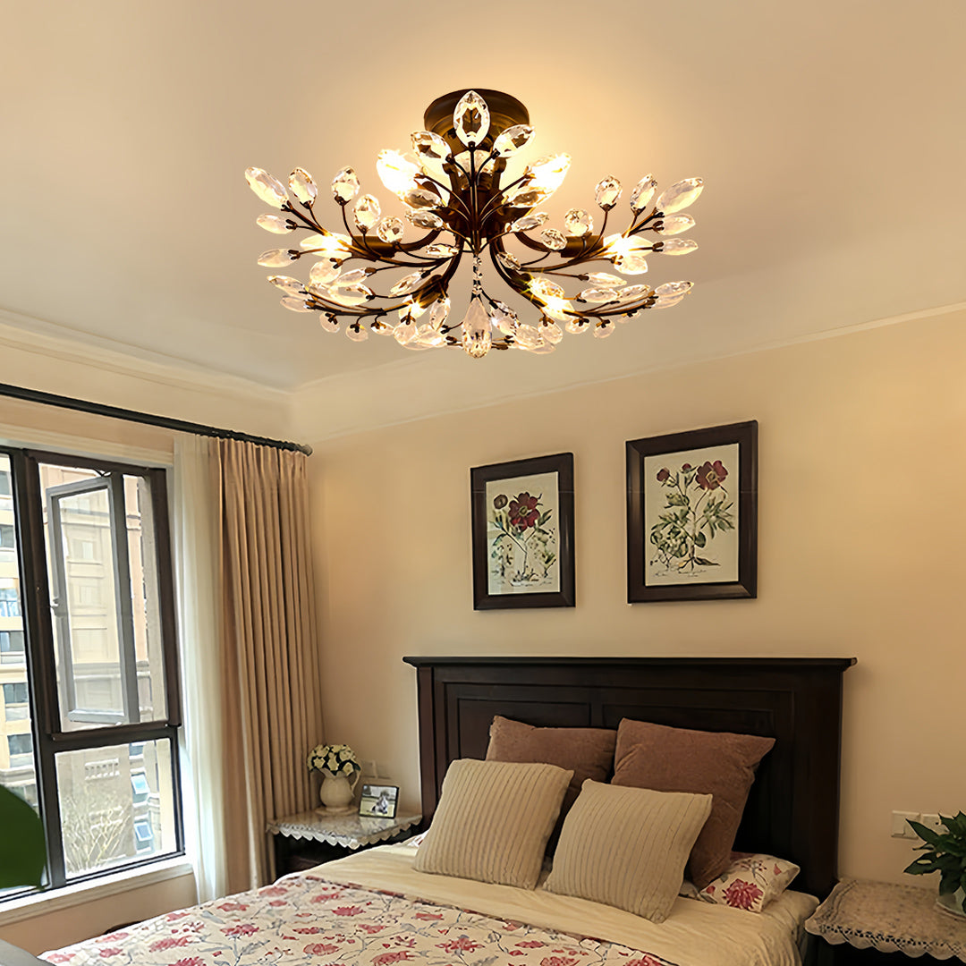 Contemporary crystal semi flush ceiling light with artistic black design and multiple crystal accents for statement lighting