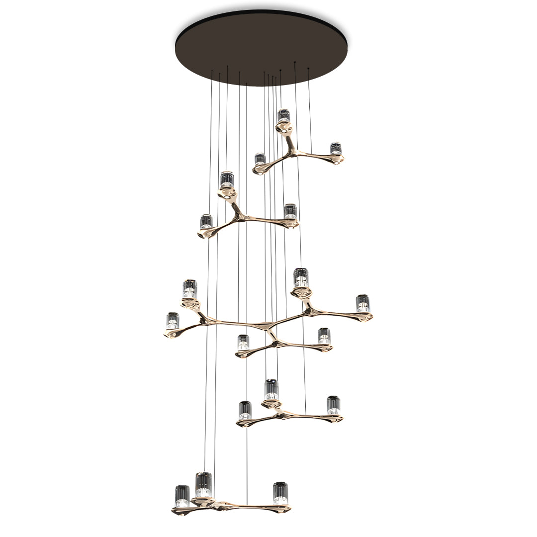 Contemporary crystal staircase chandelier featuring spiral arrangement of glass cube pendants in vertical formation