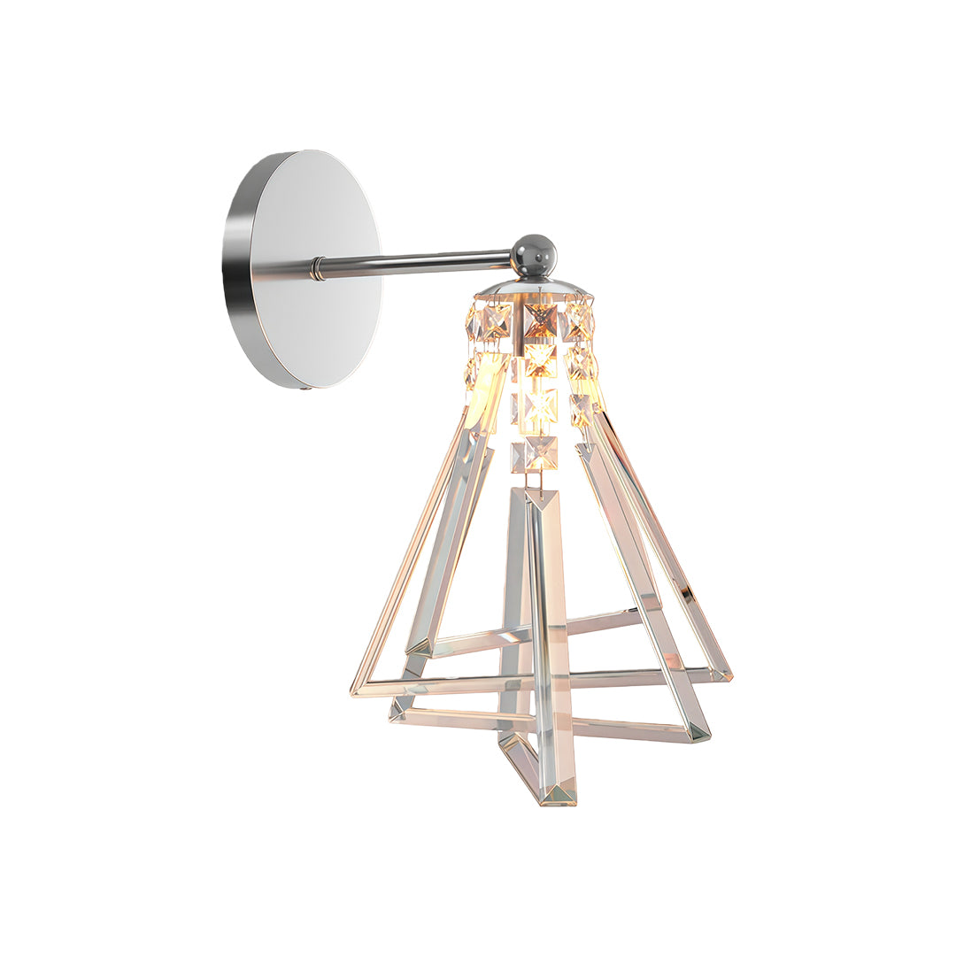 Contemporary crystal wall lights with glass shade chandelier styling in polished chrome featuring geometric pyramid design with crystals.