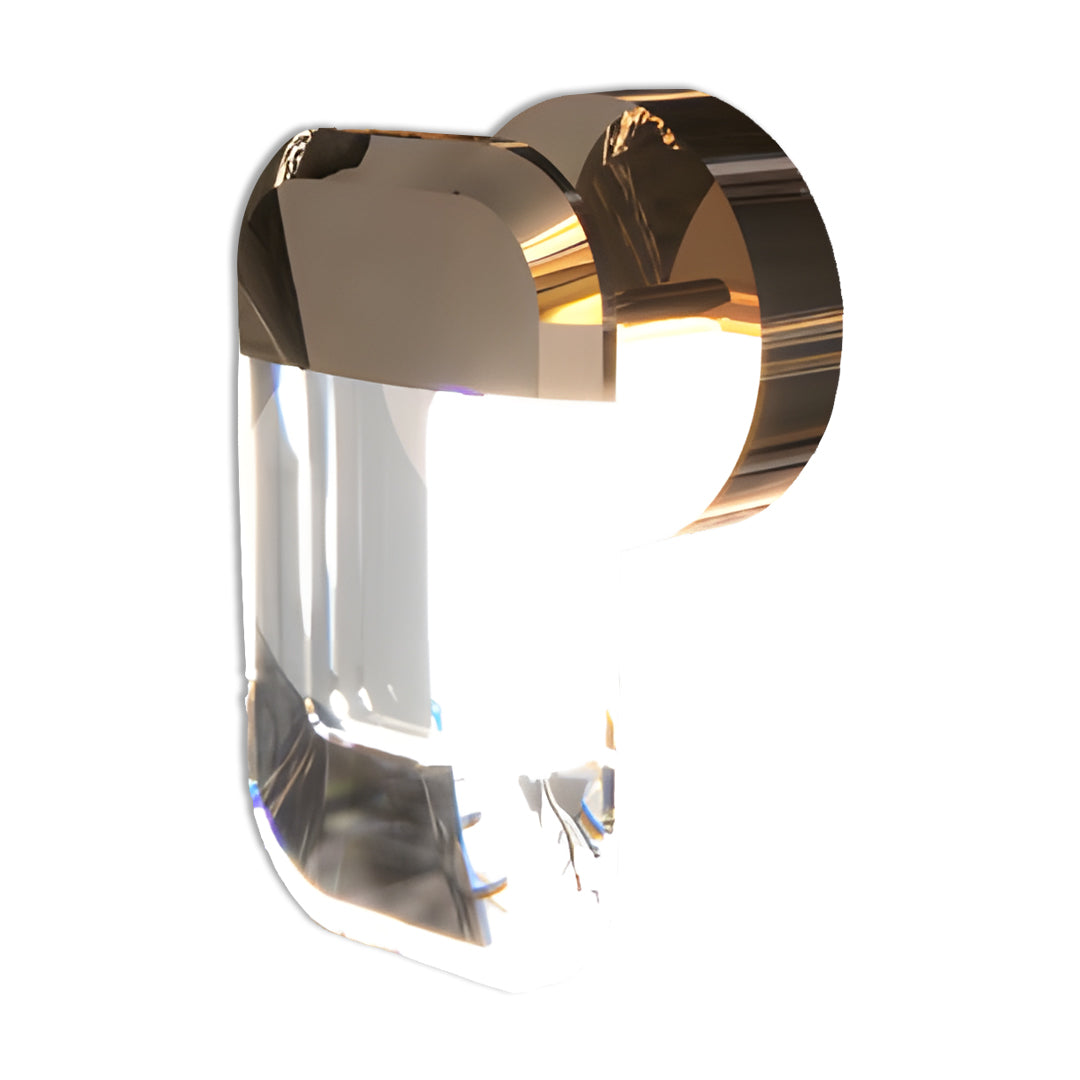 Contemporary crystal wall sconce lighting with angular glass shade and flowing bronze metal architectural detail