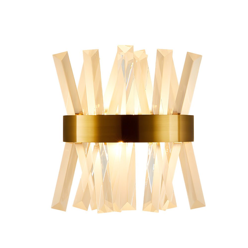 Contemporary crystal wall sconces in brass, front view of the elegant design.