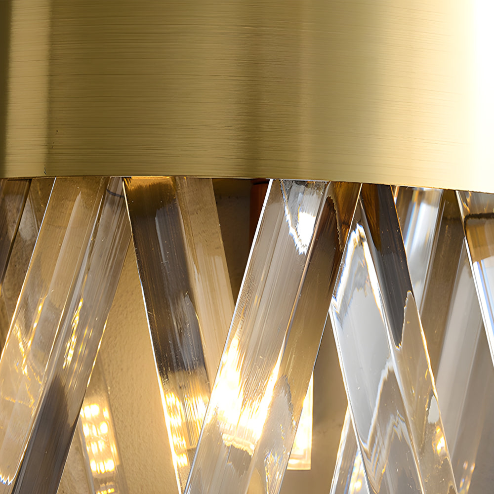 Contemporary crystal wall sconces in gold, front view of the modern design.