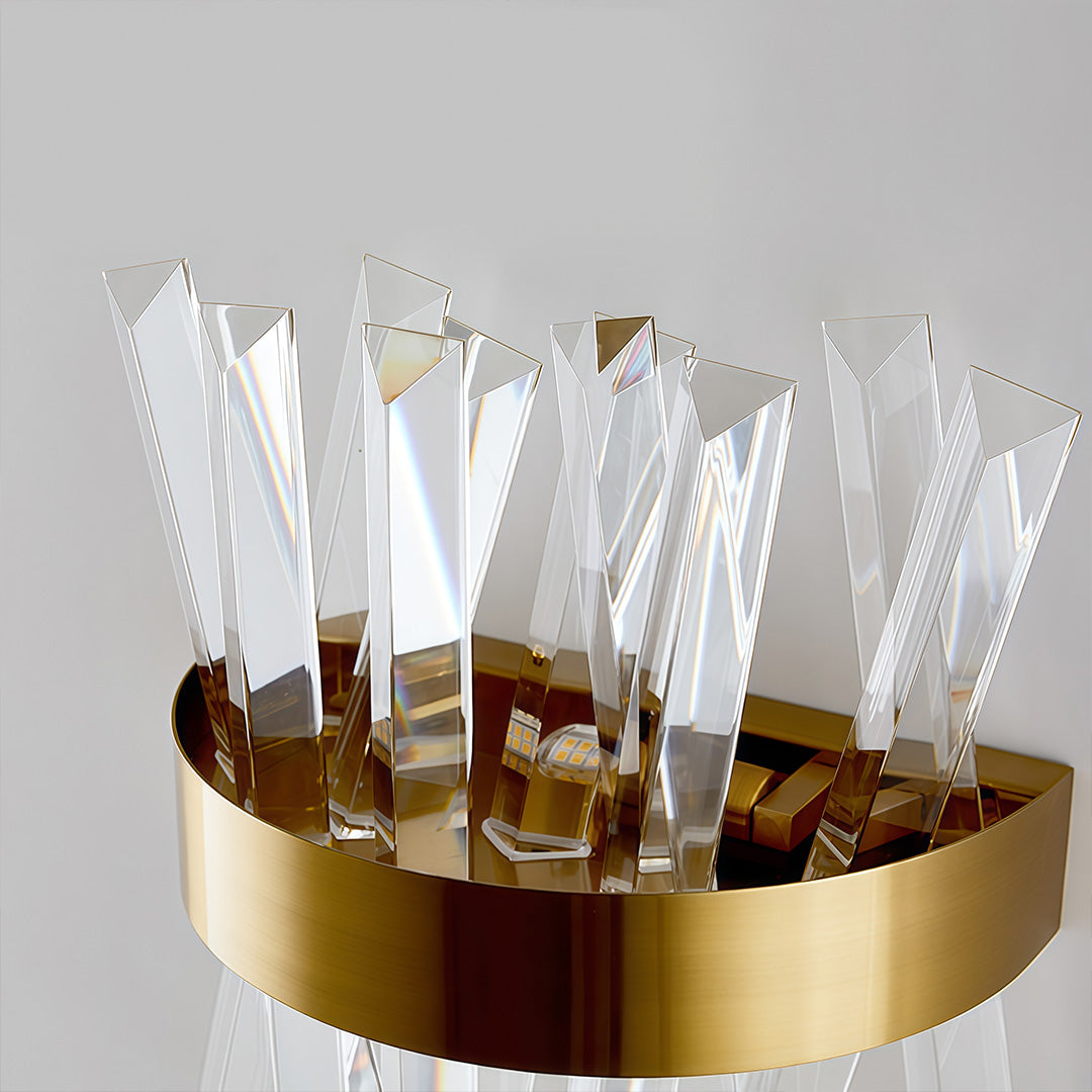 Contemporary crystal wall sconces in gold, side view of the geometric design.