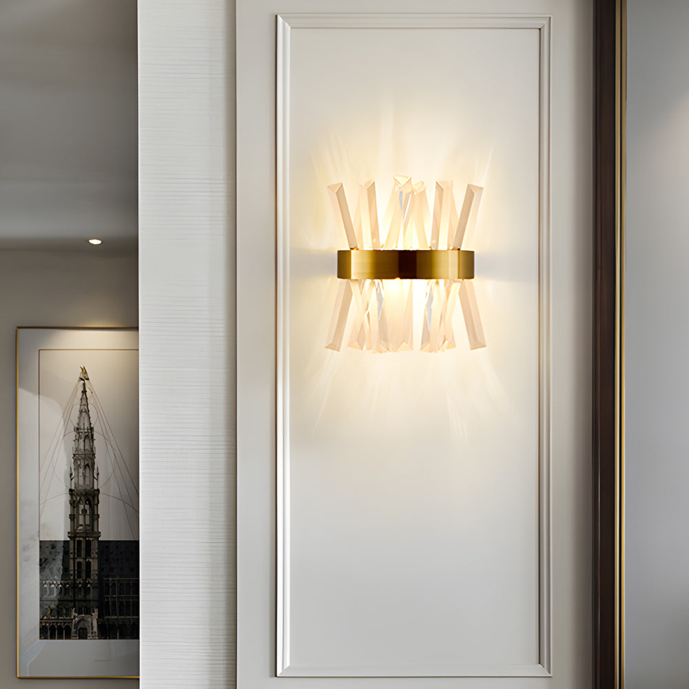 Contemporary crystal wall sconces enhancing a hallway with sleek, geometric design.