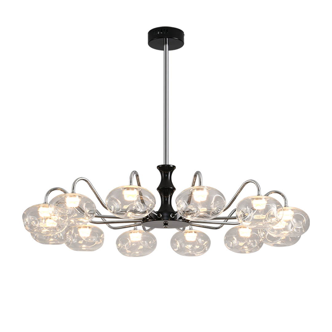 Contemporary art glass chandelier with curved glass shades and black central hub in modern design