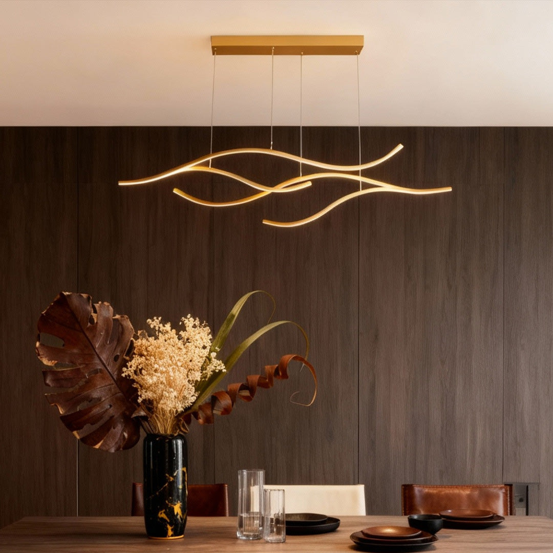 curved linear LED pendant light available in black gold and chrome finishes