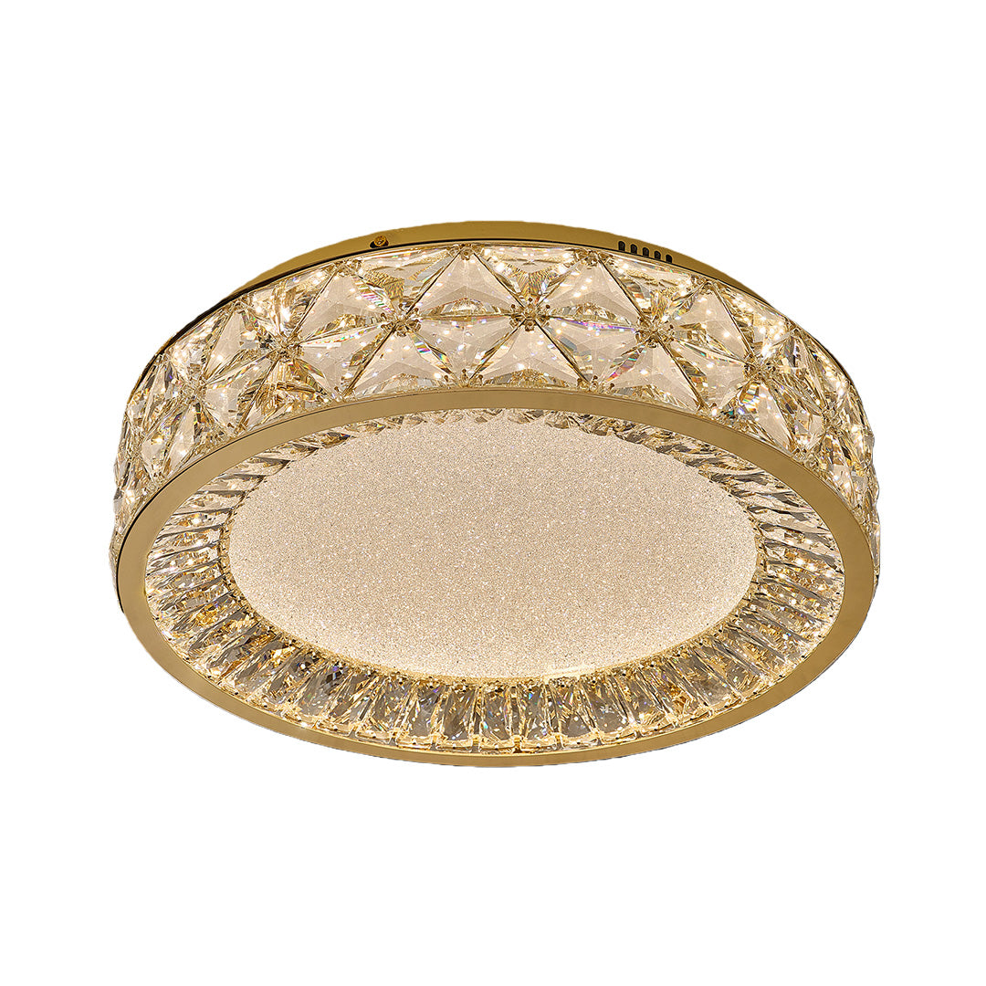 Contemporary decorative flush mount ceiling lights with glass shade chandelier styling in medium round design with decorative gold crystal edging.