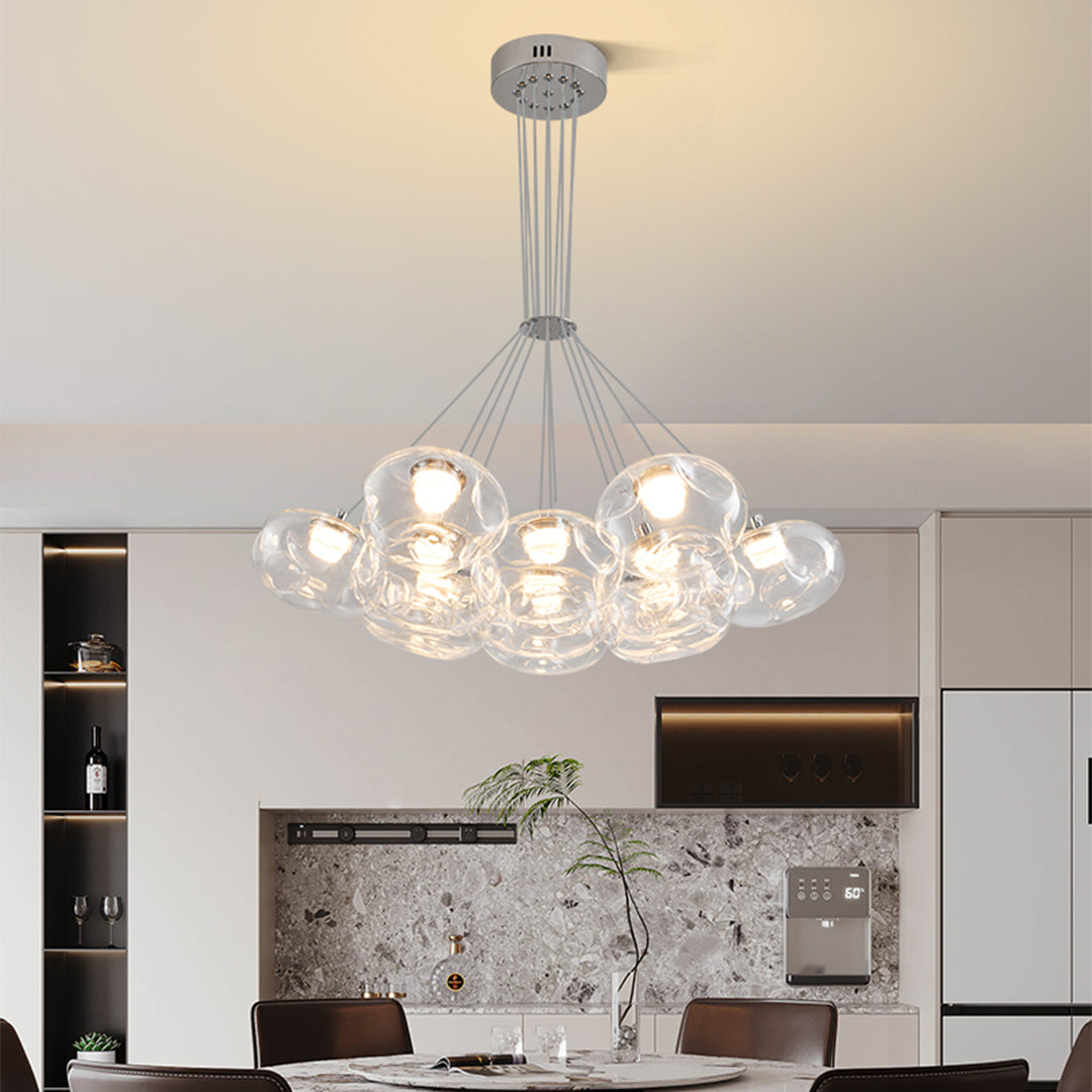 Multi light chandelier beautifully illuminating contemporary dining room with warm ambient lighting atmosphere