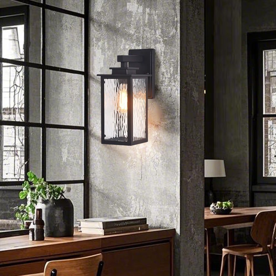 Contemporary dining room featuring black wall sconces providing ambient lighting above wooden furniture